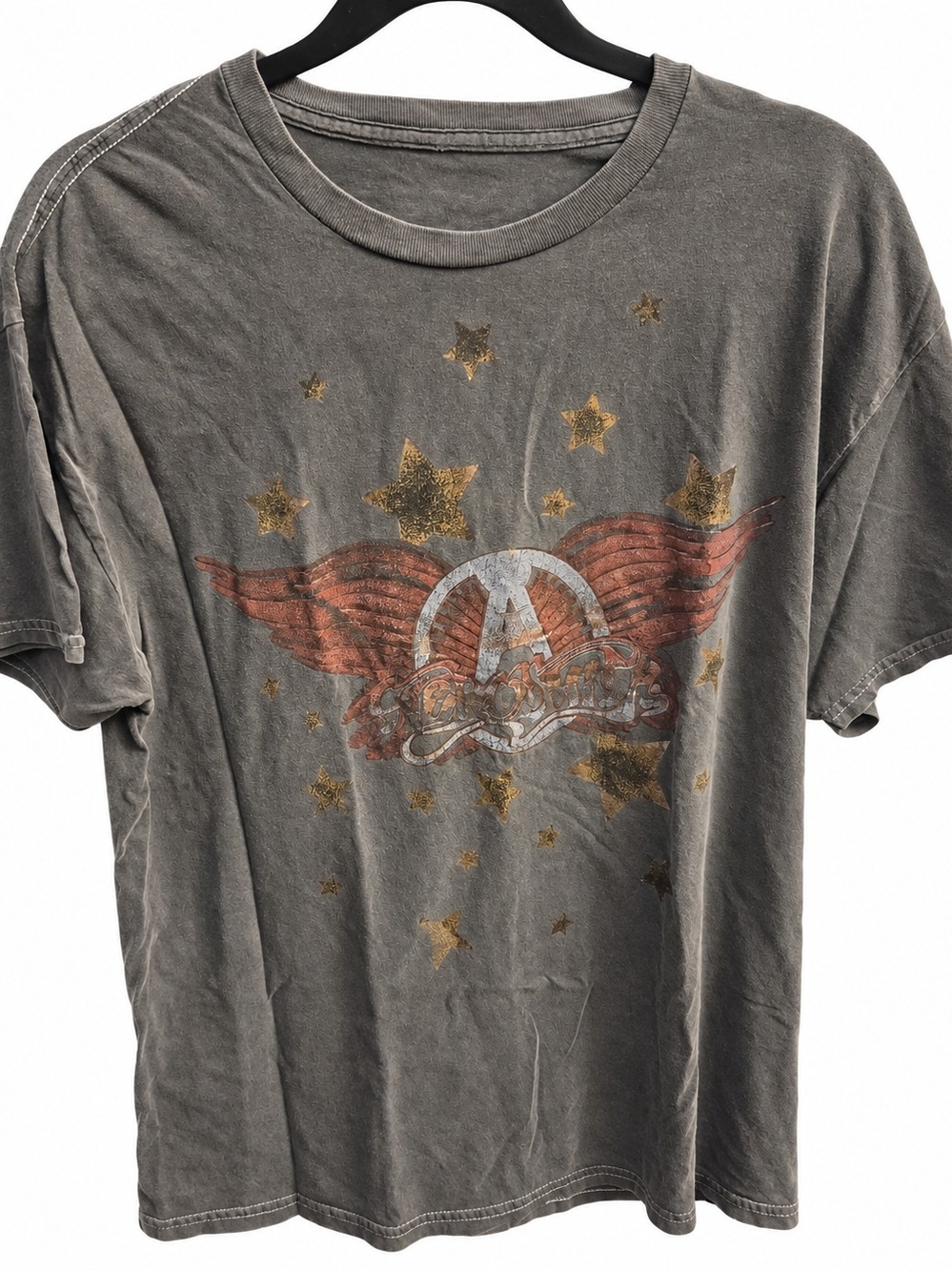 Aerosmith T Shirt M/L Gray Distressed Wings Stars Rock Band Graphic Tee